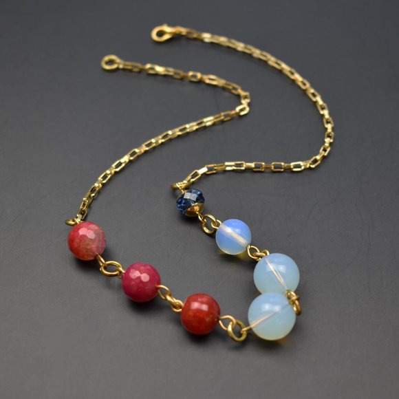 Multi stone necklace gold, colorful mismatched bead necklace - Picture 1 of 9